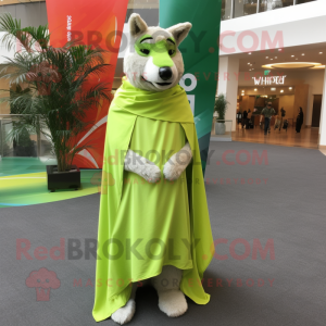 Lime Green Dingo mascot costume character dressed with a Empire Waist Dress and Shawls