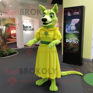 Lime Green Dingo mascot costume character dressed with a Empire Waist Dress and Shawls