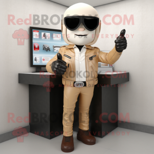 Beige Attorney mascot costume character dressed with a Biker Jacket and Mittens