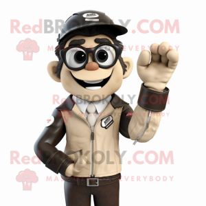 Beige Attorney mascot costume character dressed with a Biker Jacket and Mittens