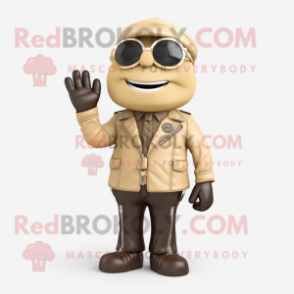 Beige Attorney mascot costume character dressed with a Biker Jacket and Mittens