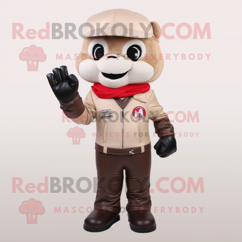 Beige Attorney mascot costume character dressed with a Biker Jacket and Mittens Beige Attorney mascot costume character dressed with a Biker Jacket and Mittens