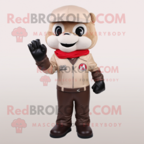 Beige Attorney mascot costume character dressed with a Biker Jacket and Mittens