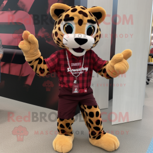 Maroon Leopard mascot costume character dressed with a Flannel Shirt and Anklets