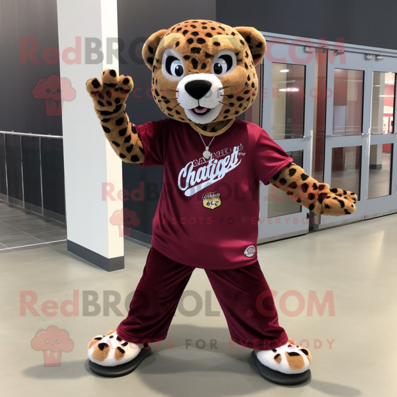 Maroon Leopard mascot costume character dressed with a Flannel Shirt and Anklets Maroon Leopard mascot costume character dressed with a Flannel Shirt and Anklets