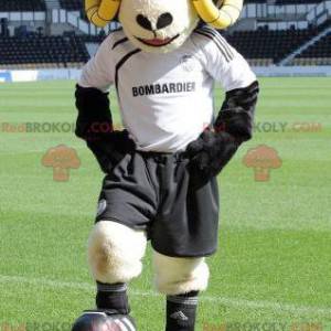 Mascotte de bélier noir et beige avec des cornes jaunes -