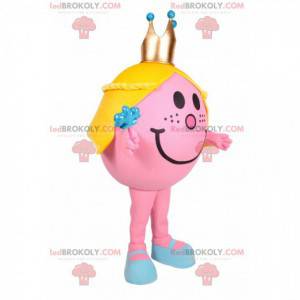 Mascot niña redonda y rosa con una corona dorada -