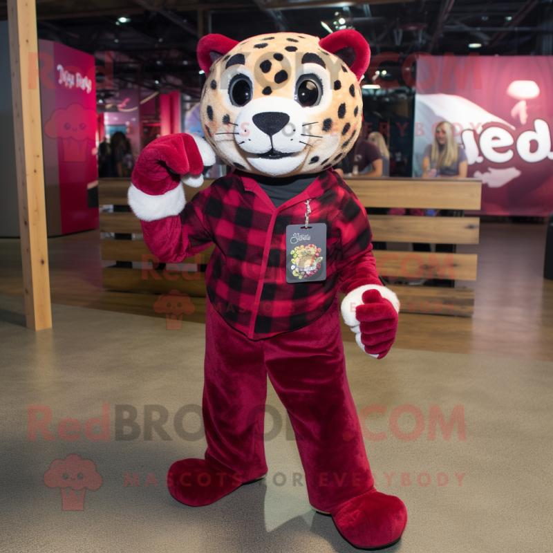 Maroon Leopard mascot costume character dressed with a Flannel Shirt and Anklets