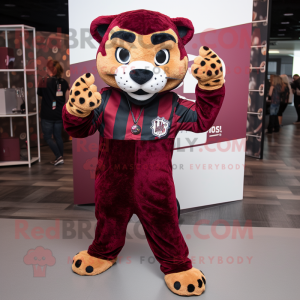Maroon Leopard mascot costume character dressed with a Flannel Shirt and Anklets