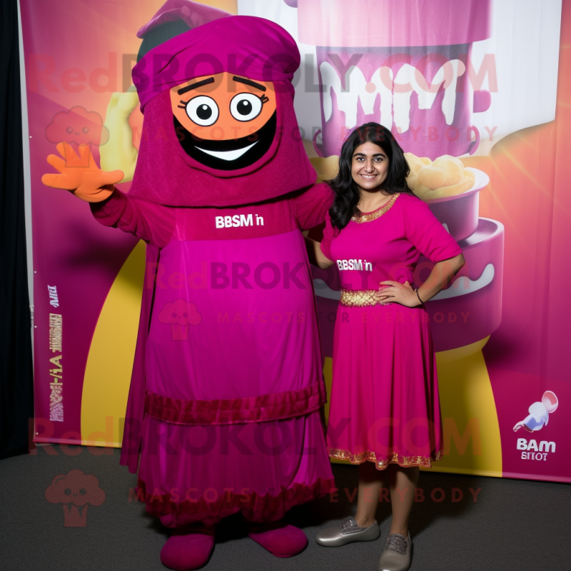 Magenta Biryani mascot costume character dressed with a Maxi Dress and Cummerbunds