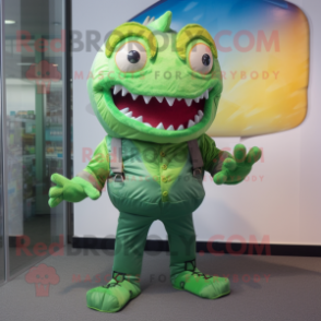 Green Piranha mascot costume character dressed with a Jeggings and Ties