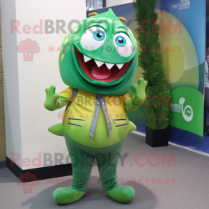 Green Piranha mascot costume character dressed with a Jeggings and Ties