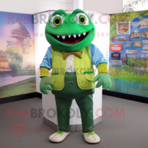 Green Piranha mascot costume character dressed with a Jeggings and Ties