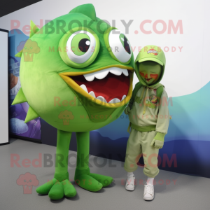 Green Piranha mascot costume character dressed with a Jeggings and Ties