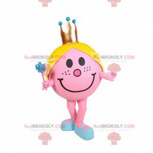 Mascot niña redonda y rosa con una corona dorada -