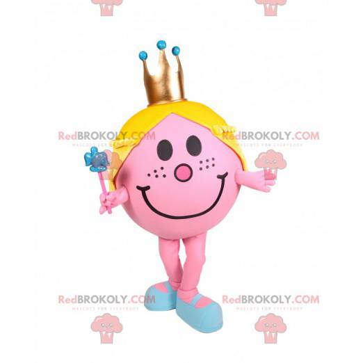 Menina mascote redonda e rosa com uma coroa de ouro -
