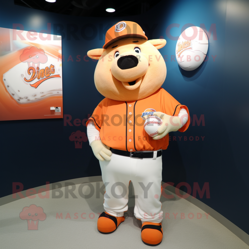 Orange Sow mascot costume character dressed with a Baseball Tee and Keychains Orange Sow mascot costume character dressed with a Baseball Tee and Keychains