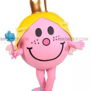 Mascot lille pige rund og lyserød med en gylden krone -