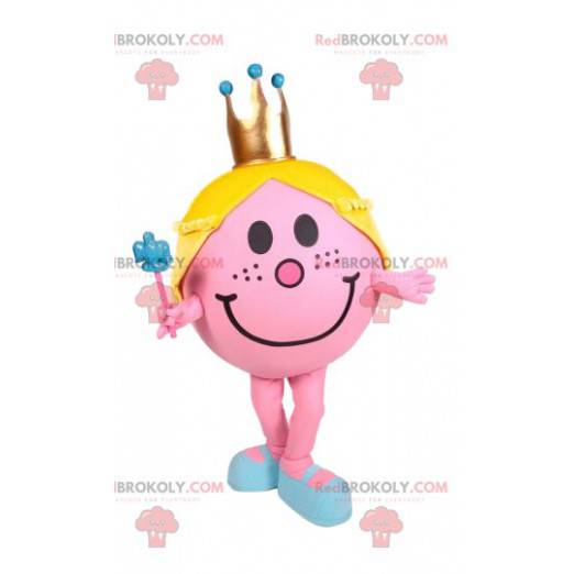 Menina mascote redonda e rosa com uma coroa de ouro -