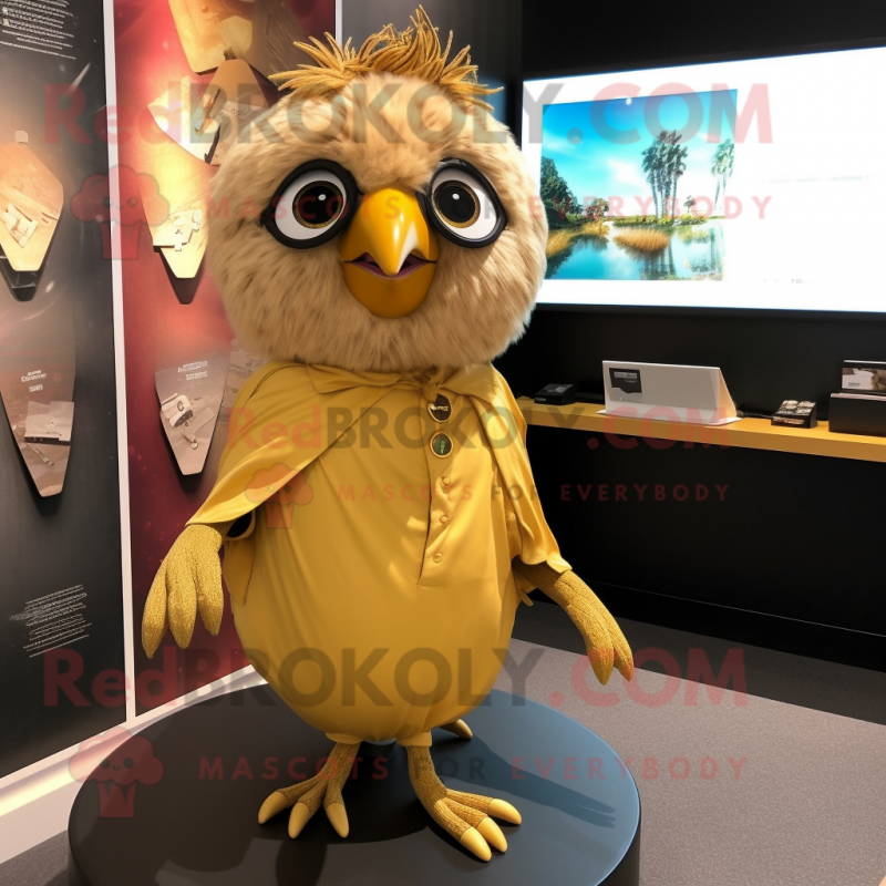 Gold Quail mascot costume character dressed with a Henley Tee and Hair clips