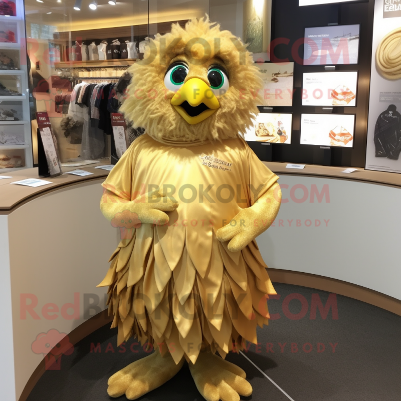 Gold Quail mascot costume character dressed with a Henley Tee and Hair clips Gold Quail mascot costume character dressed with a Henley Tee and Hair clips