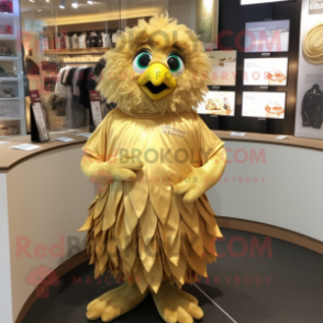Gold Quail mascot costume character dressed with a Henley Tee and Hair clips