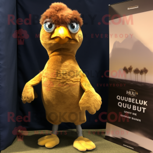 Gold Quail mascot costume character dressed with a Henley Tee and Hair clips