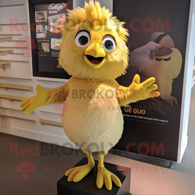 Gold Quail mascot costume character dressed with a Henley Tee and Hair clips