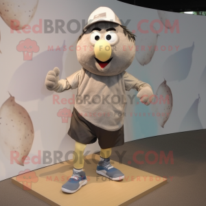 Gray Potato mascot costume character dressed with a Running Shorts and Hats