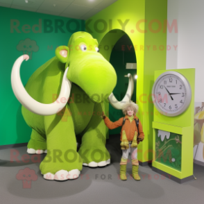 Lime Green Mammoth mascot costume character dressed with a Dress and Watches