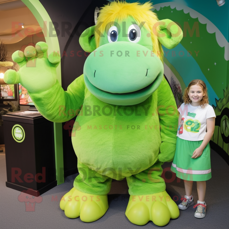 Lime Green Mammoth mascot costume character dressed with a Dress and Watches