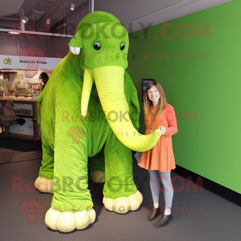 Lime Green Mammoth mascot costume character dressed with a Dress and Watches Lime Green Mammoth mascot costume character dressed with a Dress and Watches