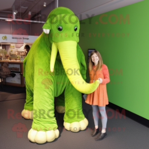 Lime Green Mammoth mascot costume character dressed with a Dress and Watches