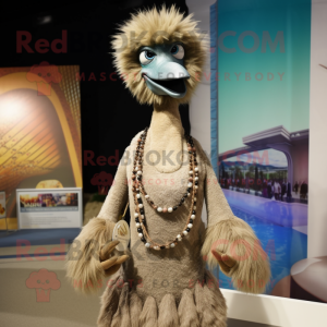 Tan Emu mascot costume character dressed with a Maxi Dress and Necklaces