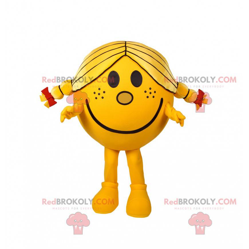 Mascot niña redonda y amarilla con bonitos edredones -