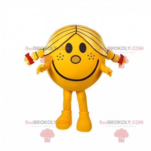 Menina mascote redonda e amarela com lindas colchas -