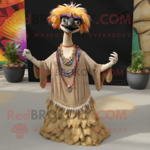 Tan Emu mascot costume character dressed with a Maxi Dress and Necklaces