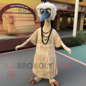 Tan Emu mascot costume character dressed with a Maxi Dress and Necklaces