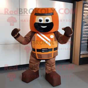 Orange Chocolate Bars mascot costume character dressed with a Moto Jacket and Belts