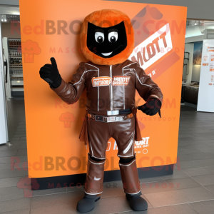Orange Chocolate Bars mascot costume character dressed with a Moto Jacket and Belts