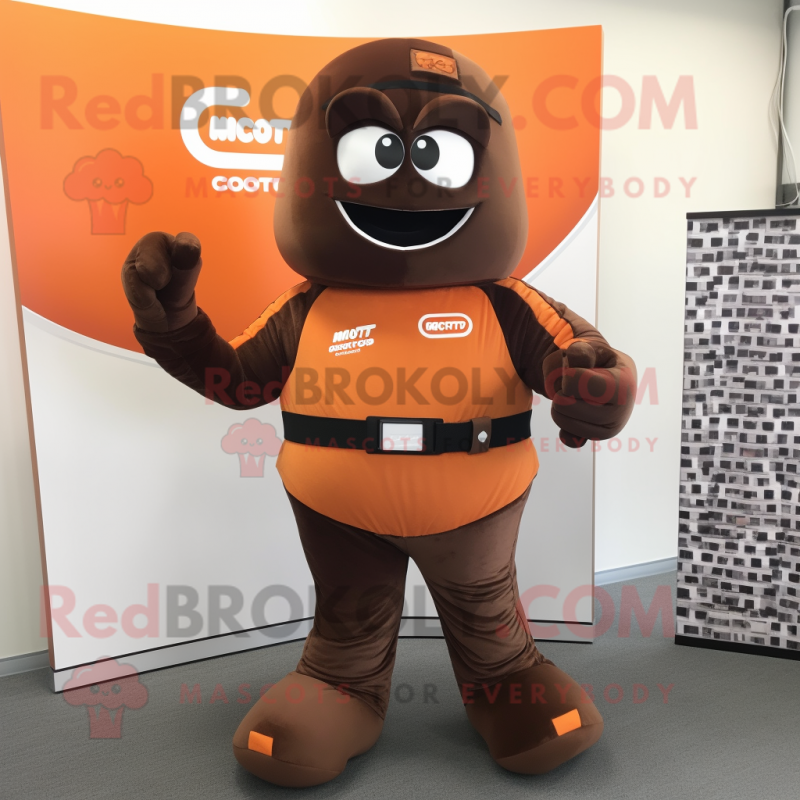 Orange Chocolate Bars mascot costume character dressed with a Moto Jacket and Belts Orange Chocolate Bars mascot costume character dressed with a Moto Jacket and Belts