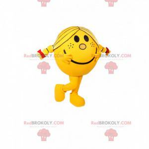 Mascotte de petite fille ronde et jaune avec de jolies couettes