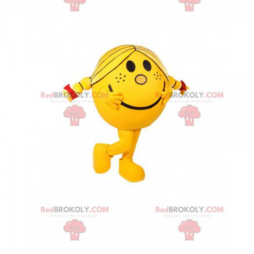 Mascot niña redonda y amarilla con bonitos edredones -