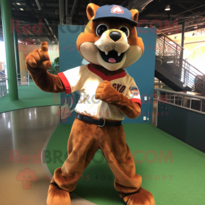 Rust Jaguarundi mascot costume character dressed with a Baseball Tee and Shoe clips