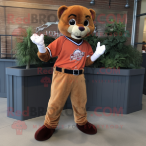 Rust Jaguarundi mascot costume character dressed with a Baseball Tee and Shoe clips
