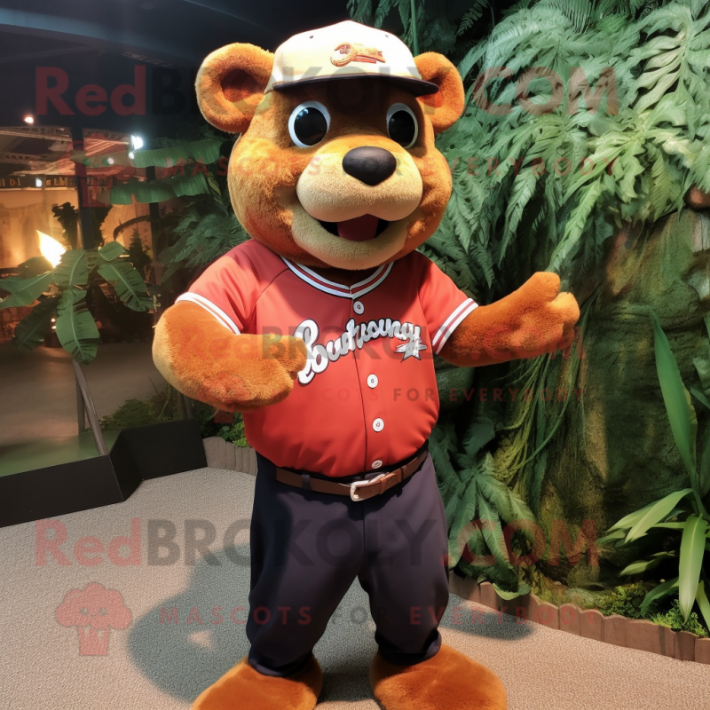 Rust Jaguarundi mascot costume character dressed with a Baseball Tee and Shoe clips Rust Jaguarundi mascot costume character dressed with a Baseball Tee and Shoe clips