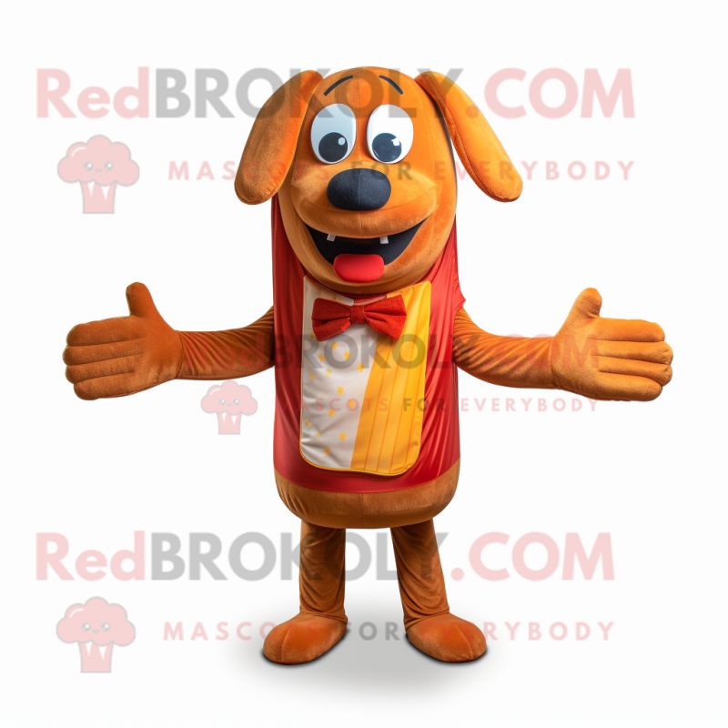 Rust Hot Dog mascot costume character dressed with a Sweatshirt and Bow ties