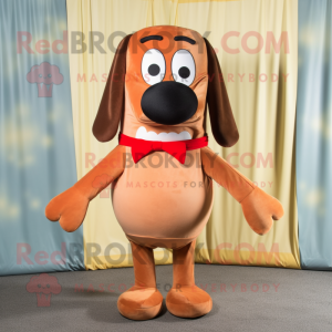 Rust Hot Dog mascot costume character dressed with a Sweatshirt and Bow ties