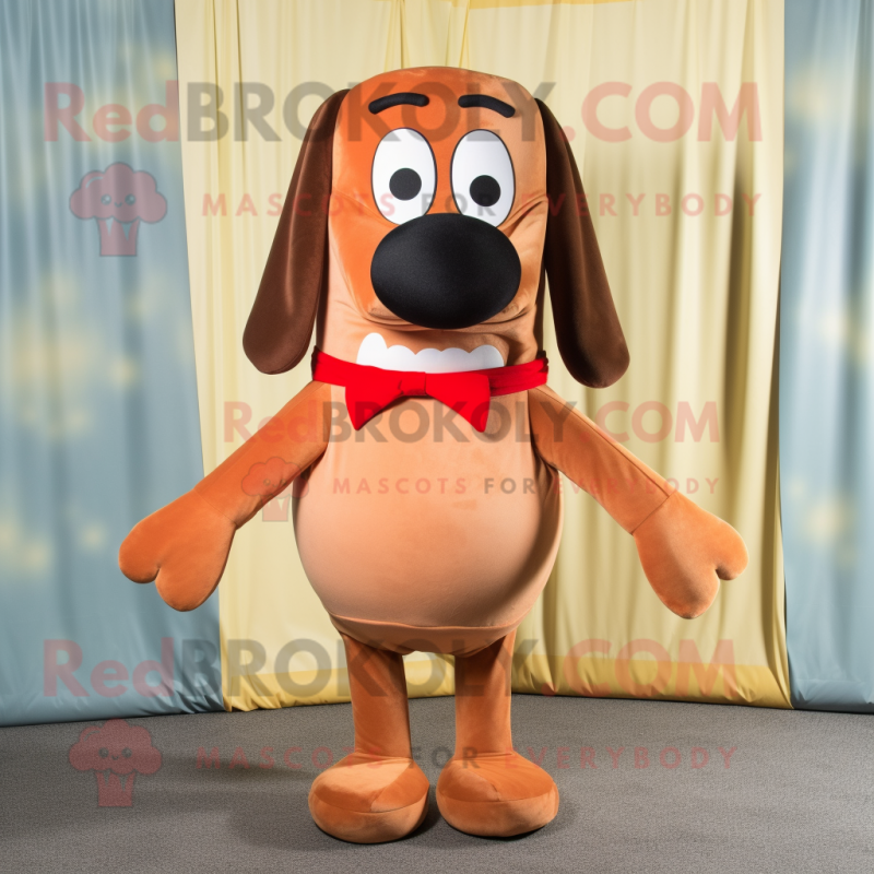 Rust Hot Dog mascot costume character dressed with a Sweatshirt and Bow ties Rust Hot Dog mascot costume character dressed with a Sweatshirt and Bow ties