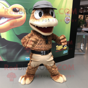 Brown Anaconda mascot costume character dressed with a Mom Jeans and Bracelet watches